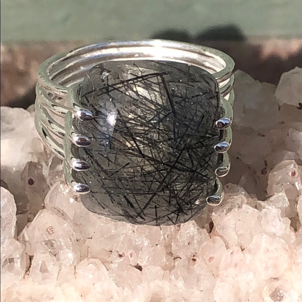 BOUTIQUE BLACK TOURMALINE IN QUARTZ 925 RING, 7.5